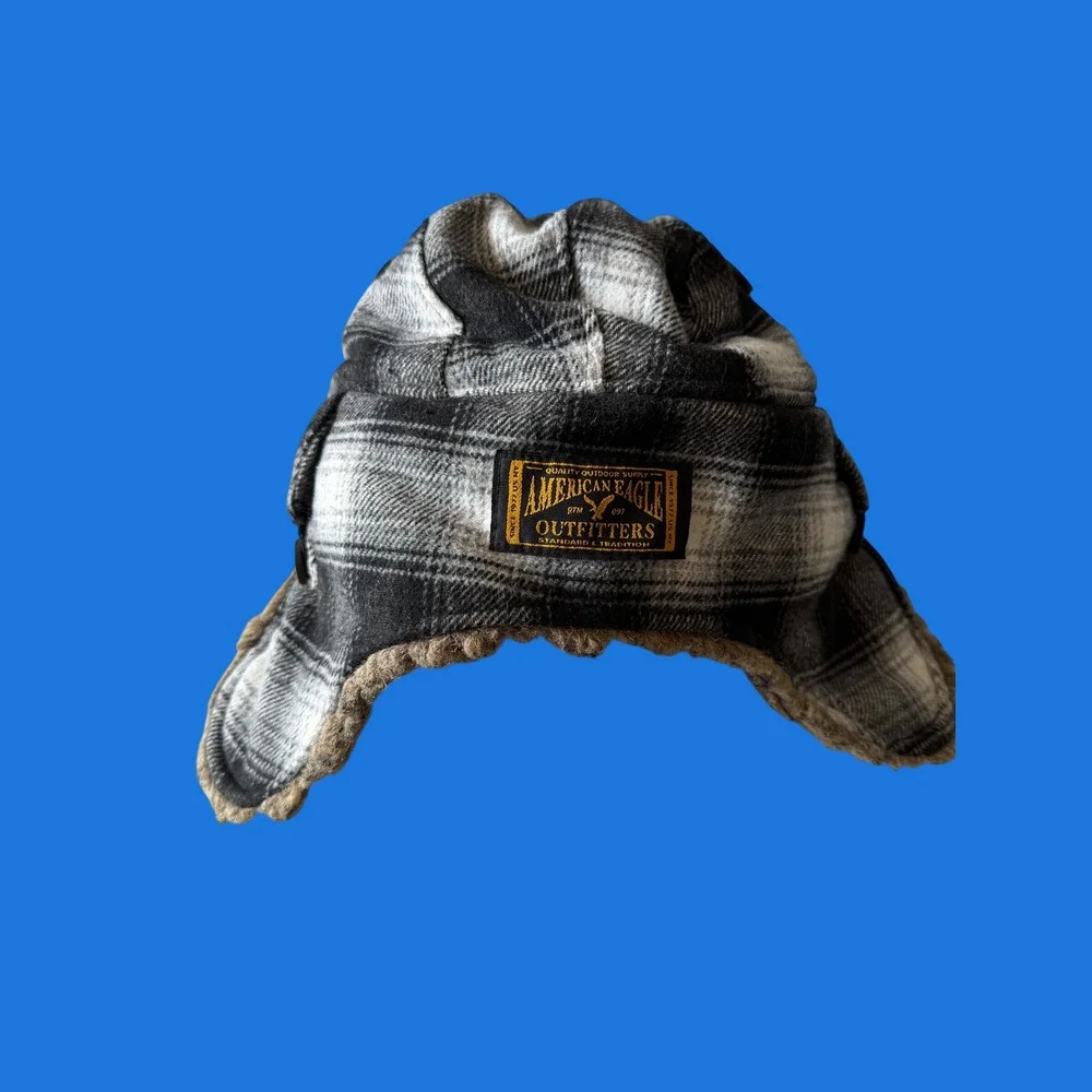 American Eagle Outfitters Plaid Trapper Hat Sherpa Lined Grey Black Wool Blend